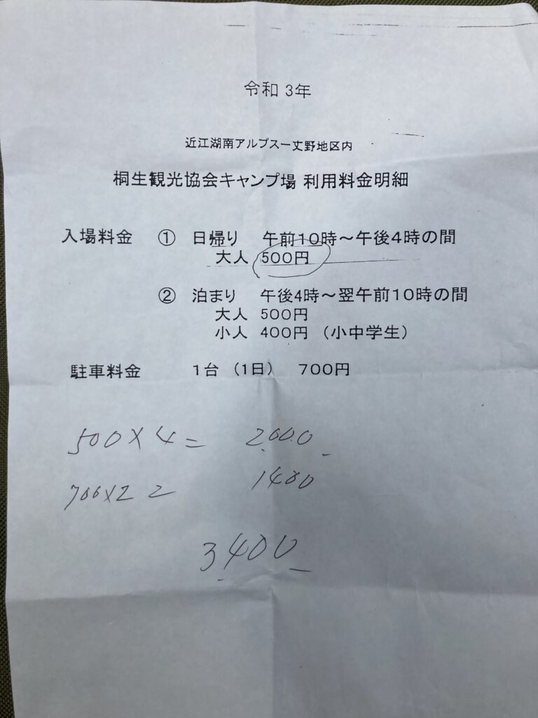 桐生キャンプ場 利用料金