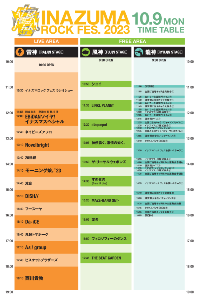 イナズマロックフェス2023 タイムスケジュール 10月9日(月)